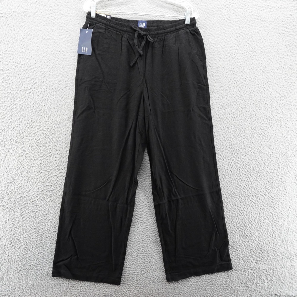 Gap Womens Linen Blend Pull On Pants Black Wide Leg Drawstring Medium NEW
